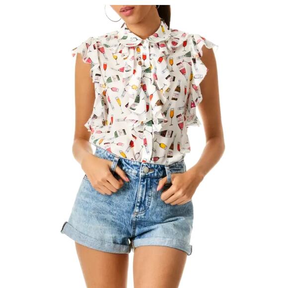Alice + Olivia Tops - Alice+Olivia Women's Medium White Multicolor Champagne Toast Silk Ruffle Blouse